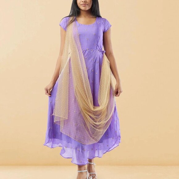 Lavender Banarasi Georgette Dress with Dupatta | Muvvas Boutique - Picture 2 of 4